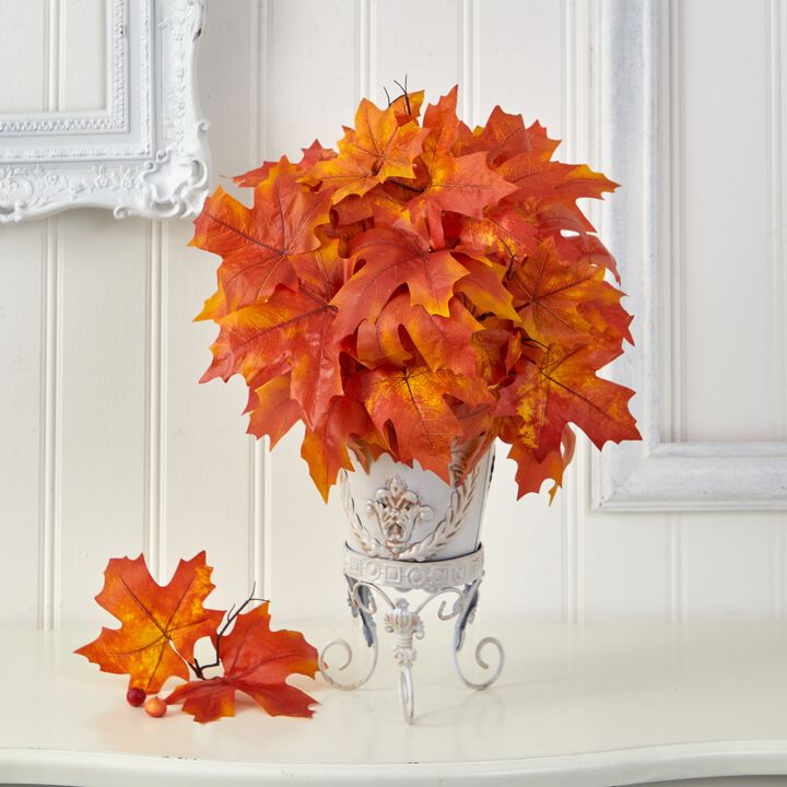 Hivvago 20" Autumn Maple Leaf Artificial Plant in Metal Planter - Orange