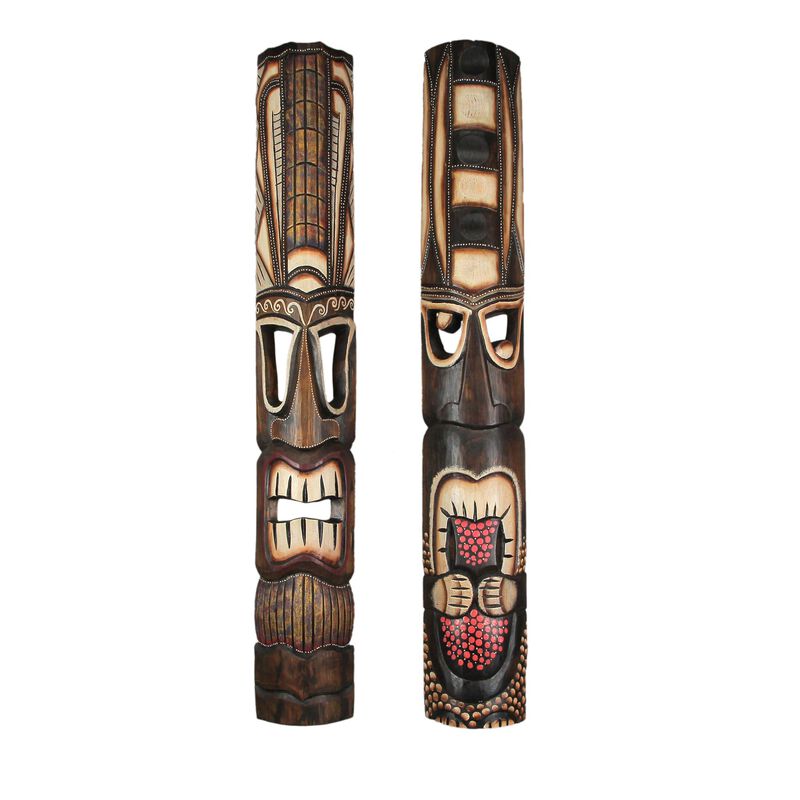 40 Inch Set of 2 Hand Made Wooden Tiki Masks Decorative Tropical Wall Art Decor image number 0