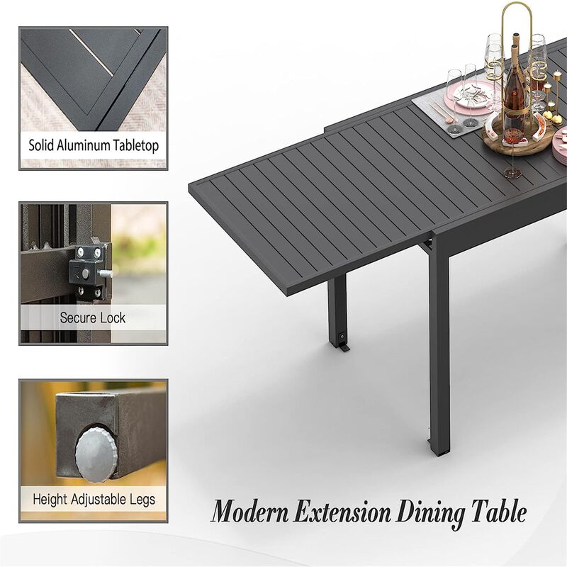 CLIHOME Outdoor Patio Expandable 60"- 89" Dining Table, Adjustable Metal Aluminum 6-8 Person Rectangular Table image number 2