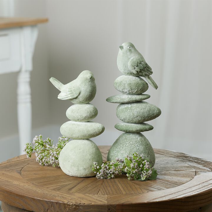 Set of 4 Bird on Rock Stack Figurines for Garden or Patio Decor