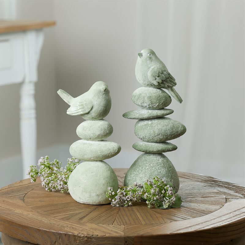 Set of 4 Bird on Rock Stack Figurines for Garden or Patio Decor