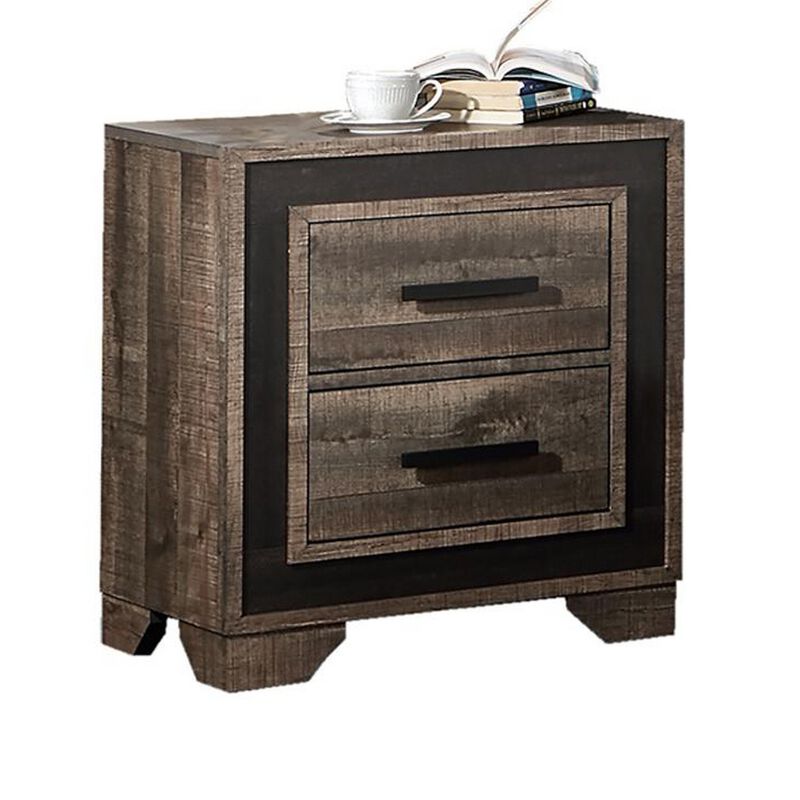 Nny 26 Inch Nightstand with 2 Drawers, Black Handles, Brown Wood Finish - Benzara