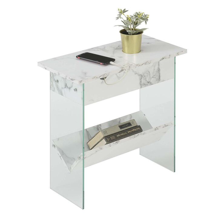 Convenience Concepts SoHo Flip Top End Table with Charging Station and Shelf, White Faux Marble/Glass