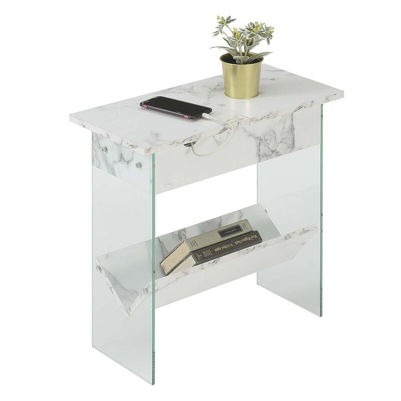 Convenience Concepts SoHo Flip Top End Table with Charging Station and Shelf, White Faux Marble/Glass