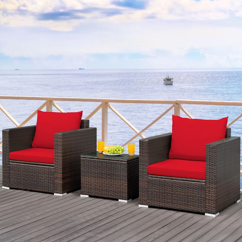 3 Pcs Patio Conversation Rattan Furniture Set with Cushion