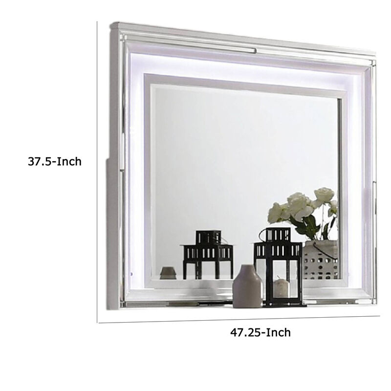Lin Dresser Mirror with LED Lights, 47 Inch White Solid Wood Frame