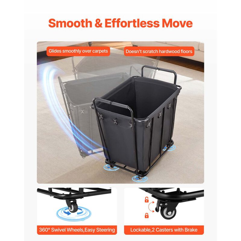 Rolling Utility Shopping Cart with Waterproof Liner, Heavy Duty Basket for Laundry & Storage-Black image number 6