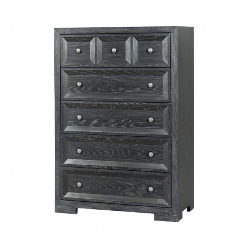 Kizie Tall Dresser Chest, 5 Drawers, Weathered Black Solid Rubberwood - Benzara