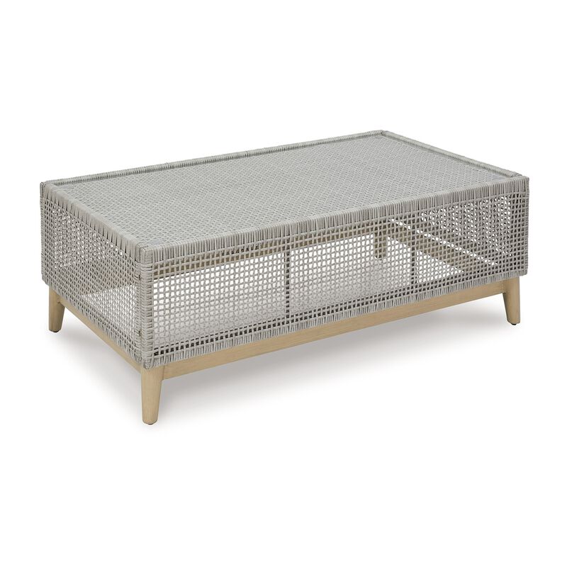 Yami 50 Inch Outdoor Coffee Table, Resin Wicker, Tempered Glass Top, Gray - Benzara