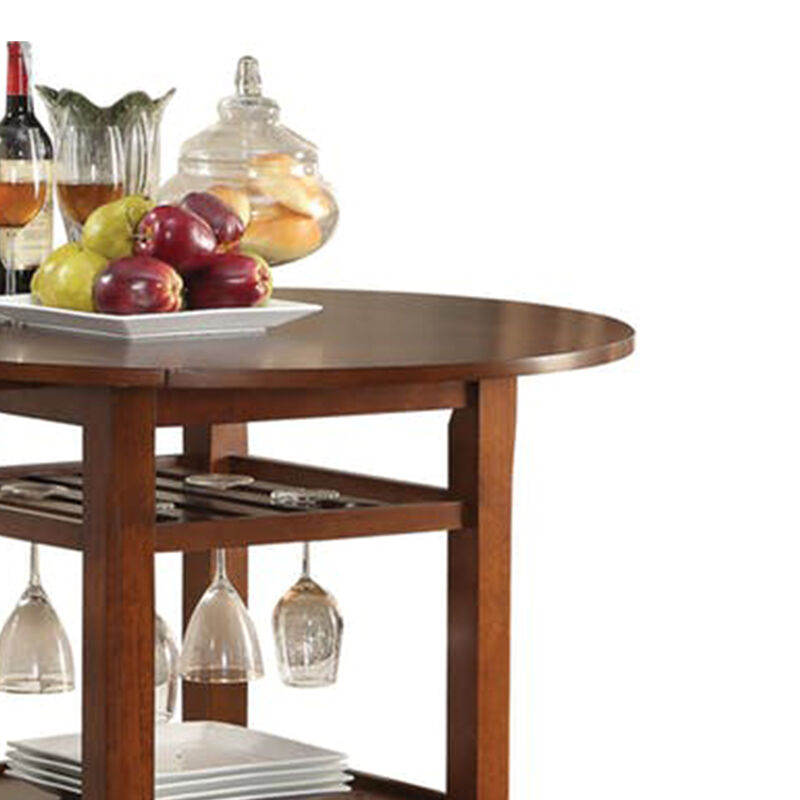 Round Top Wooden Counter Table with Stemware Rack and 2 Drop Leaves, Brown