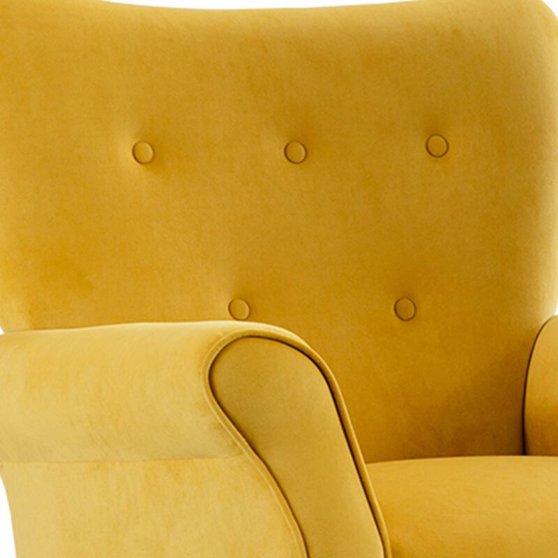 Cilic 32 Inch Accent Chair, Button Tufted Back, Rolled Arms, Yellow Fabric-Benzara image number 4