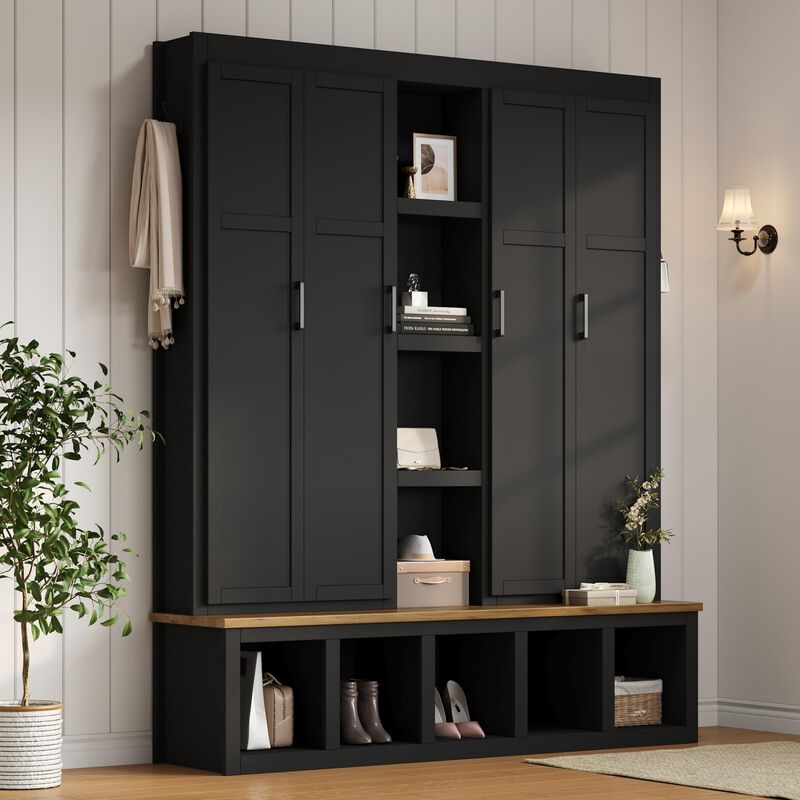 Merax Farmhouse 4-in-1 Hall Tree 6 Hanging Hooks, Wood Grain Bench | Shoe Cabinet with Open Storage