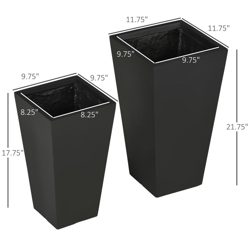 Outsunny 2-Pack Outdoor Planter Set, Flower Pots with Drainage Holes, Durable & Stackable Plant Pot, 22in & 18in, for Porch, Entryway, Patio, Yard, Garden, Black