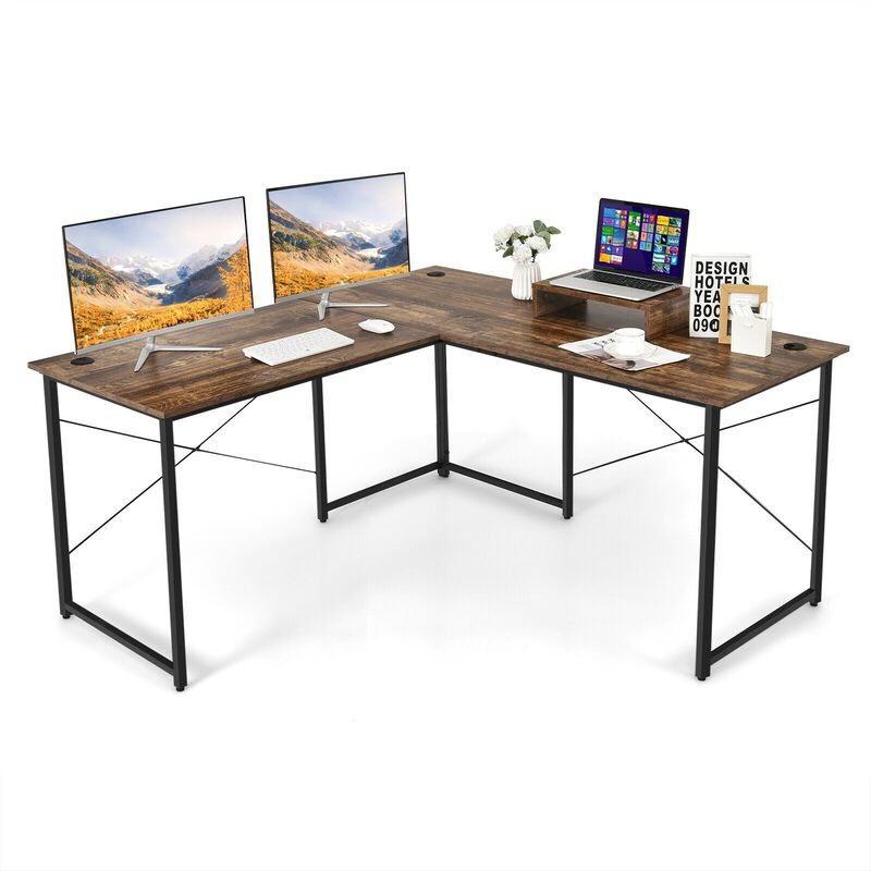 L-Shaped 2-Person Desk with Monitor Riser –  Reversible Computer Workstation