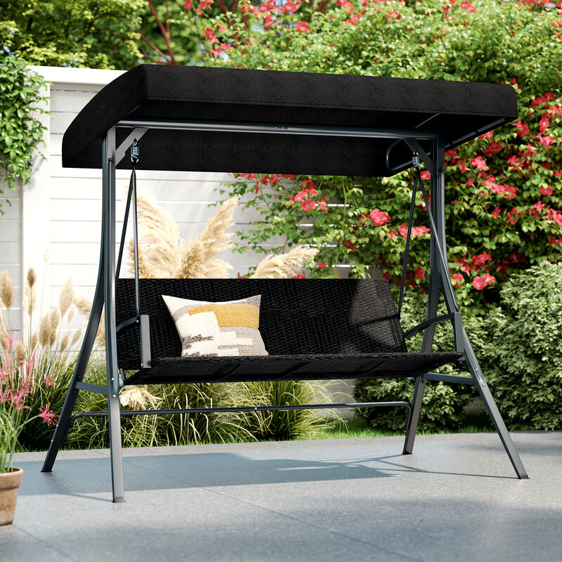 Outdoor 3-Person Porch Swing with Stand and Rattan Seat Back and Canopy-Black image number 1