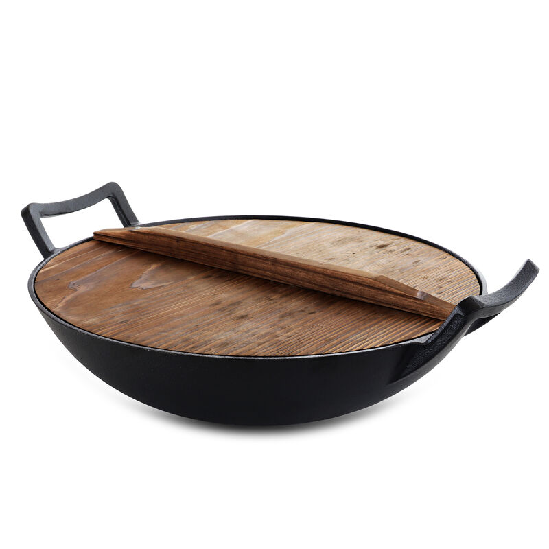 General Store Addlestone 2 Piece 14 Inch Heavy Duty Cast Iron Wok with Wood Lid