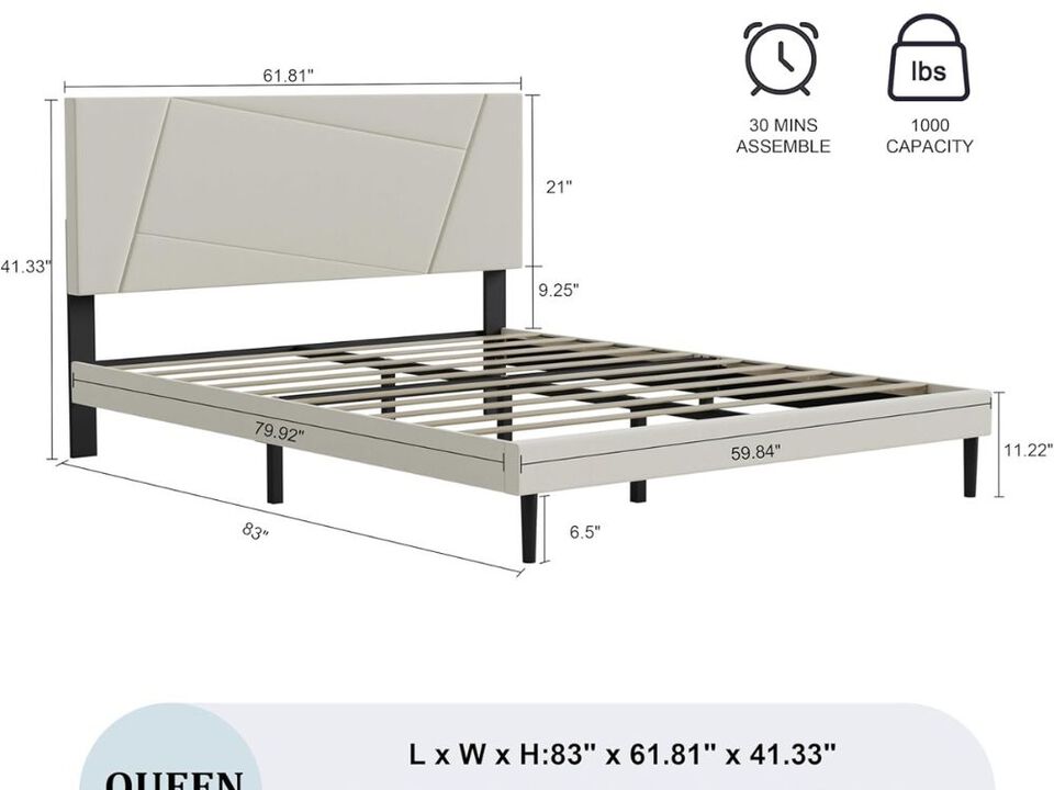 Queen Size Bed Frame, Queen Platform Bed Frame With Velvet Upholstered Headboard, Geometric Pattern, Sturdy Frame And Slats, Noiseless, No Springs Required, Easy To Assemble