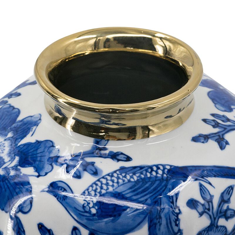 HomeRoots 11" Blue White And Gold Chinoiserie Floral Porcelain Table Vase image number 3