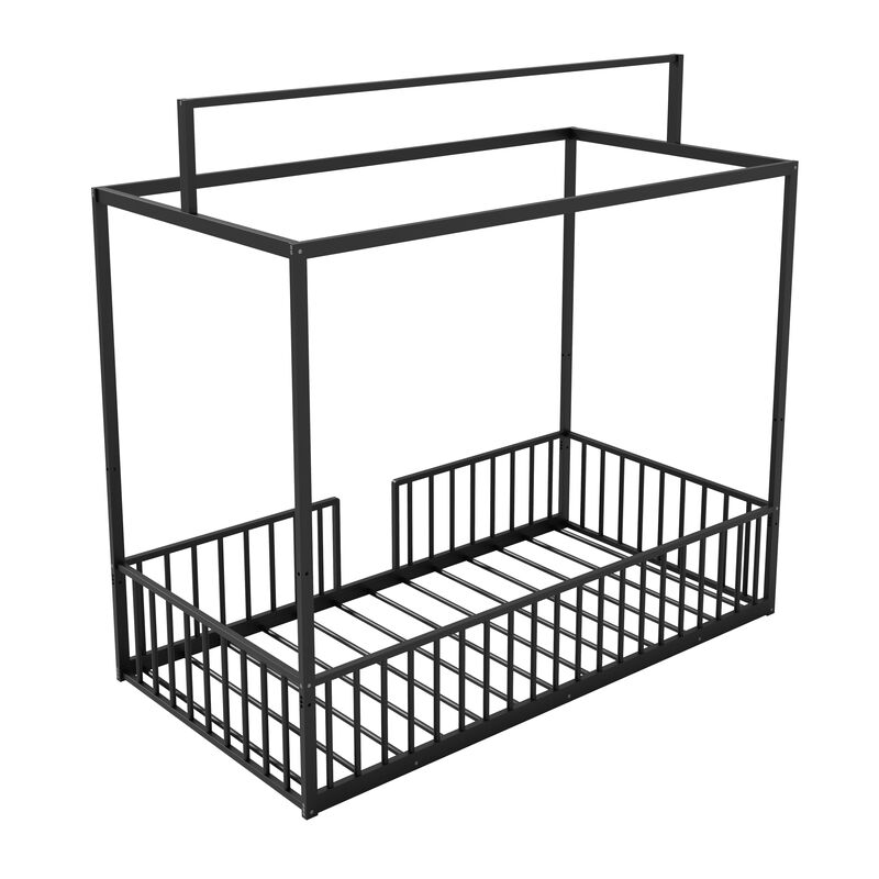 Merax Convertible Montessori Metal floor bed,Fenced toddler bed