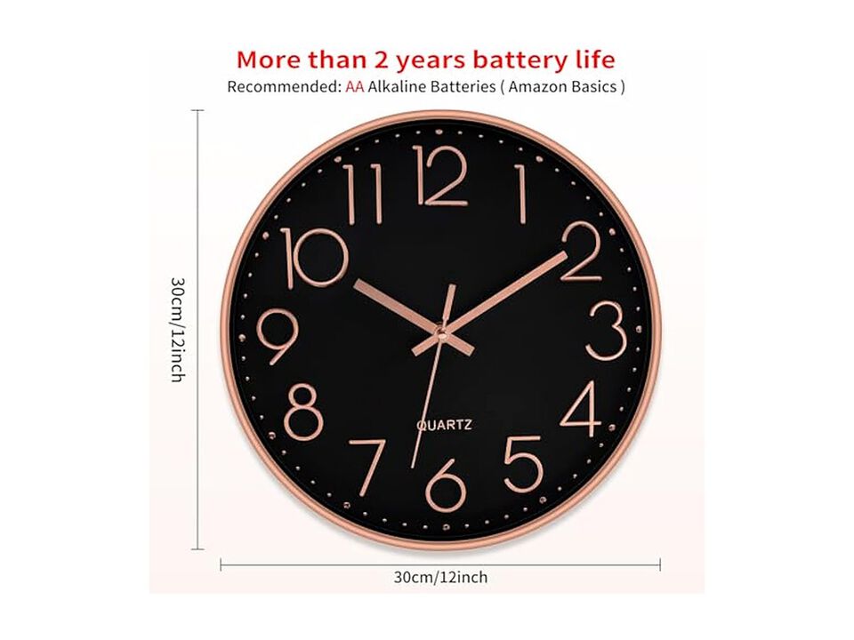 Gold Black Wall Clock 12 Inch Silent Non Ticking Modern Battery Operated