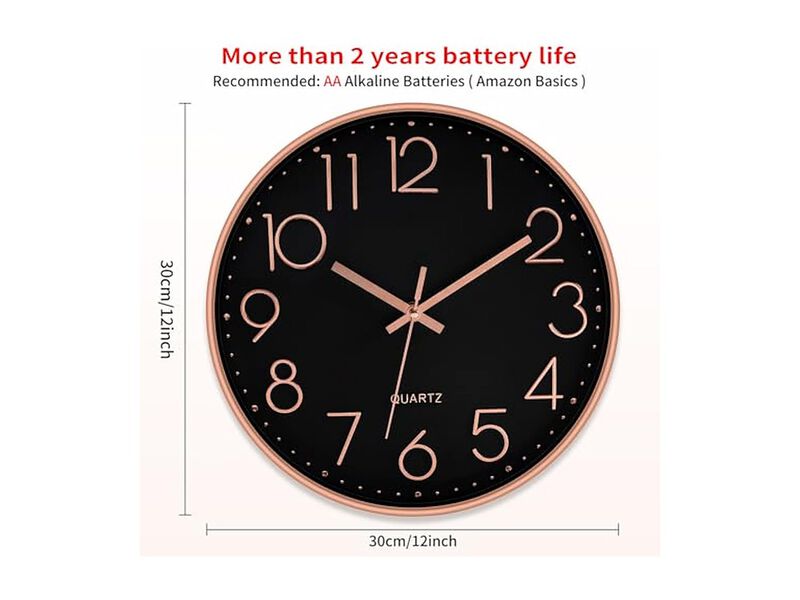 Gold Black Wall Clock 12 Inch Silent Non Ticking Modern Battery Operated image number 1