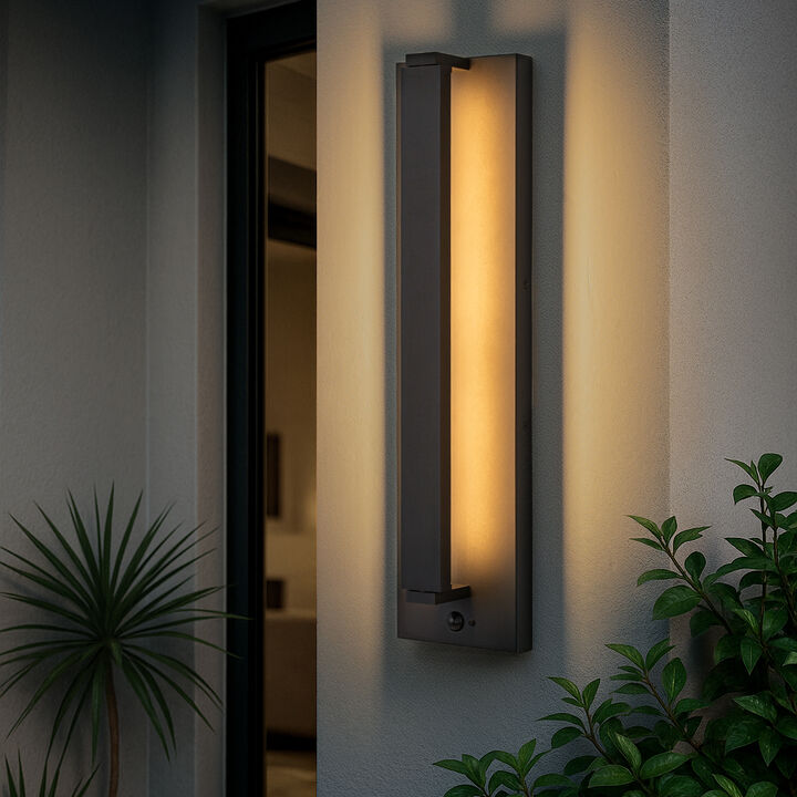 H20" Modern Motion Sensor Outdoor Wall Light 23W Integrated LED Wall Sconce in Matte Black Iron Large Exterior Light Fixture for Porch Garage Patio