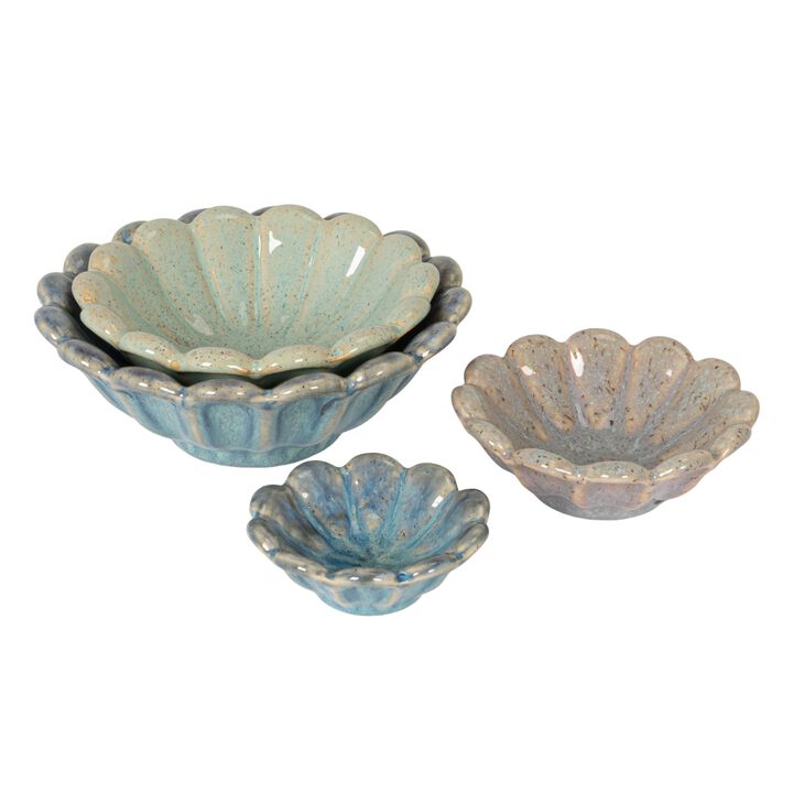4-Piece Stoneware Flower Shaped Bowl Set in Reactive Glaze, Multicolor