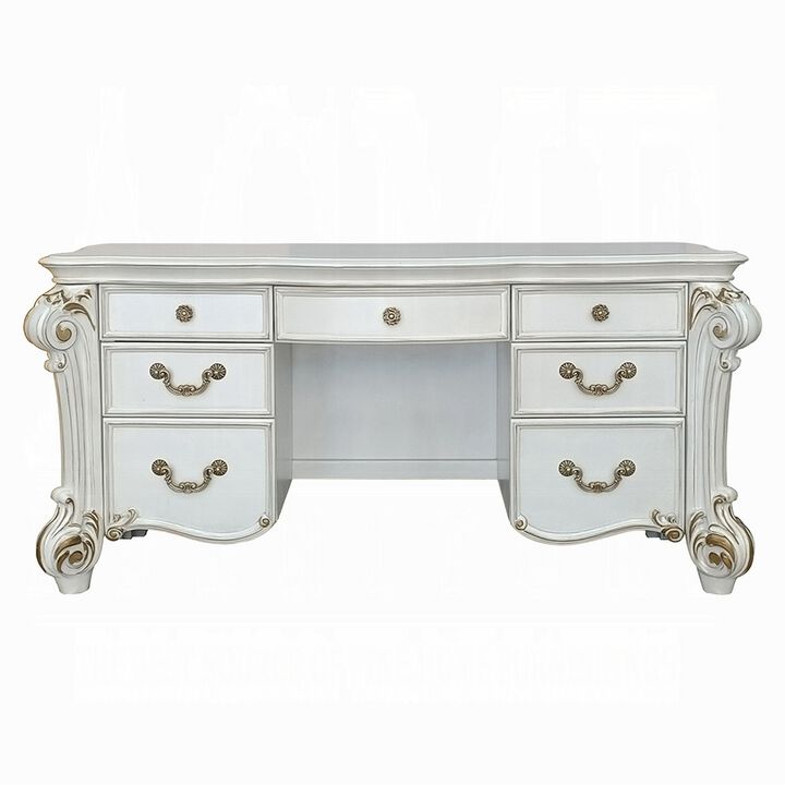 Antoine Vanity Desk, 7 Drawers, Antique Silver Wood, Gold, 65 Inch - Benzara