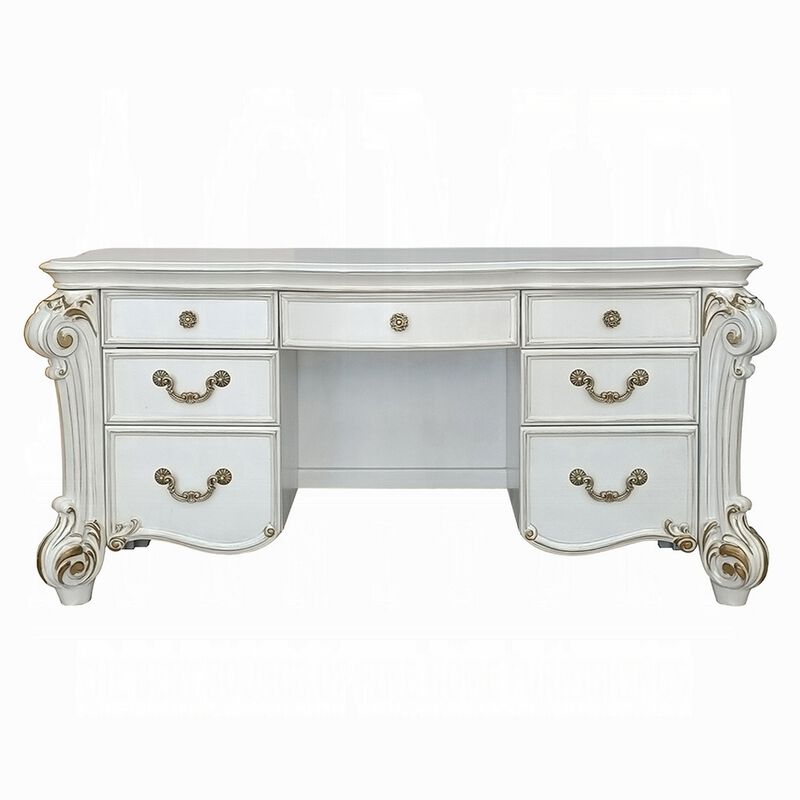 Antoine Vanity Desk, 7 Drawers, Antique Silver Wood, Gold, 65 Inch - Benzara