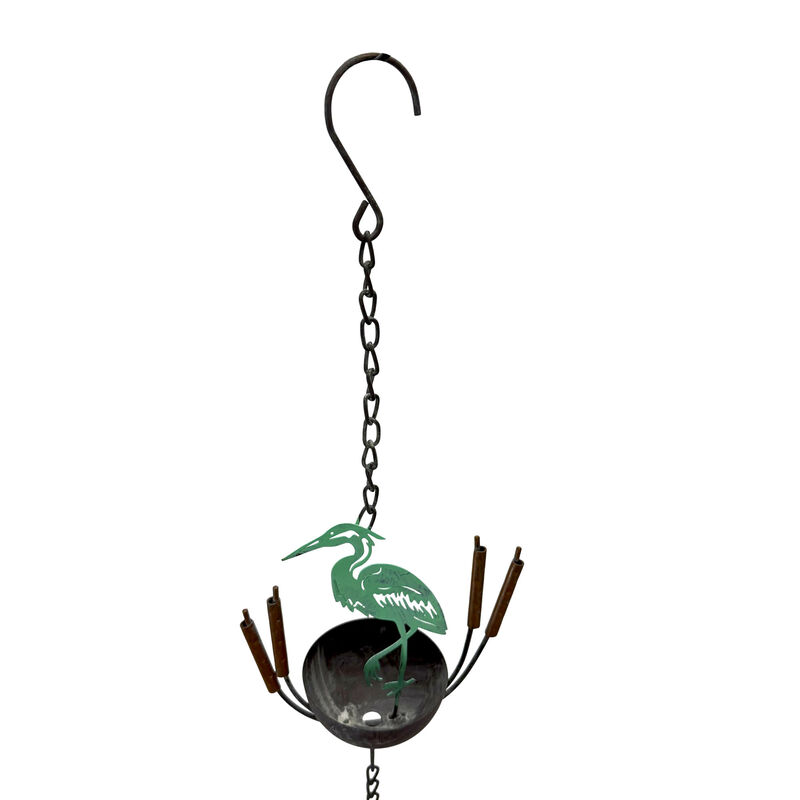Metal Heron Rain Chain 102in Green Rustic Hanging Downspout Alternative Bell image number 2