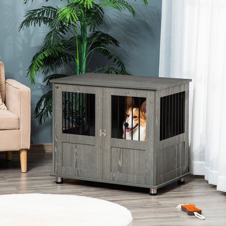 Stylish Dog Kennel, Wooden End Table Furniture with Cushion & Lockable Magnetic Doors, Small Size Pet Crate Indoor Animal Cage, Grey