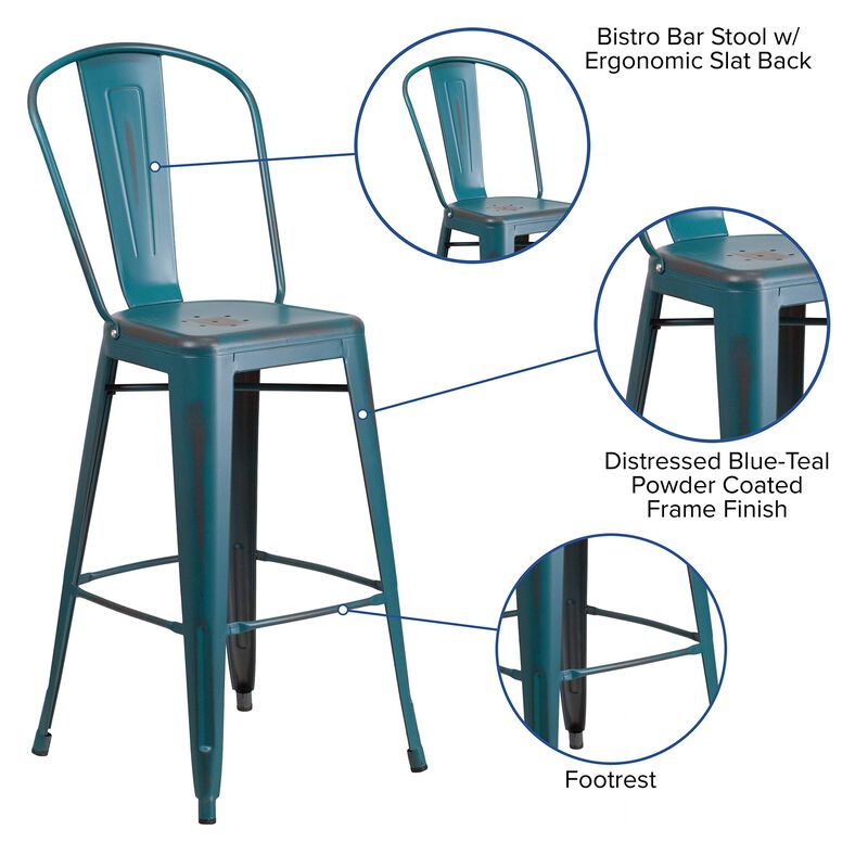 Flash Furniture Commercial Grade 30" High Distressed Kelly Blue-Teal Metal Indoor-Outdoor Barstool with Back