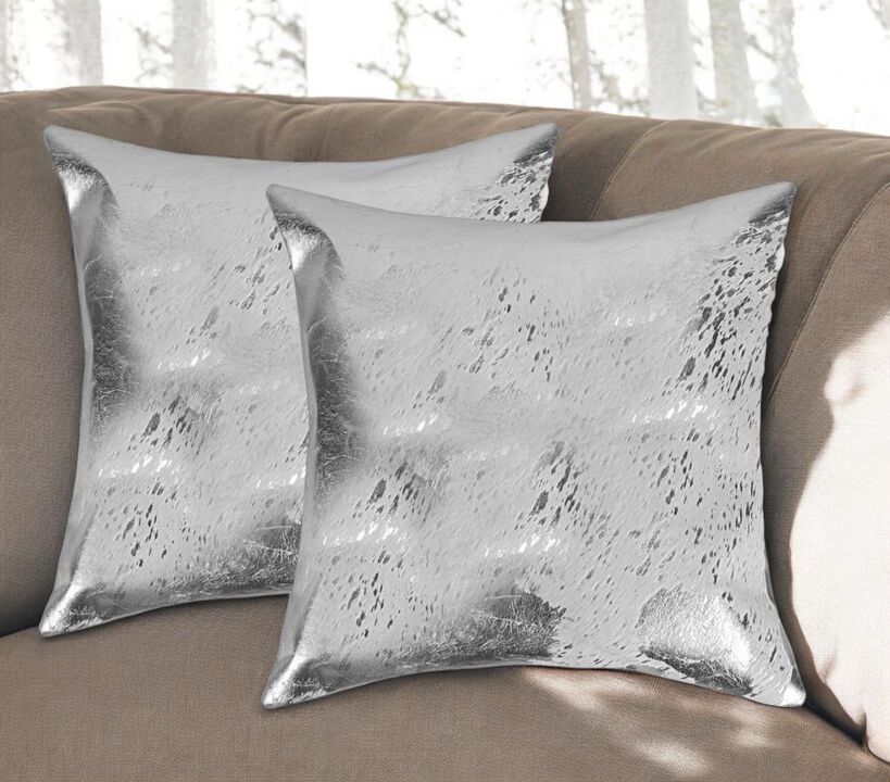 HomeRoots Set of Two 18" Gray and Silver Abstract Cowhide Throw Pillows with Glitter