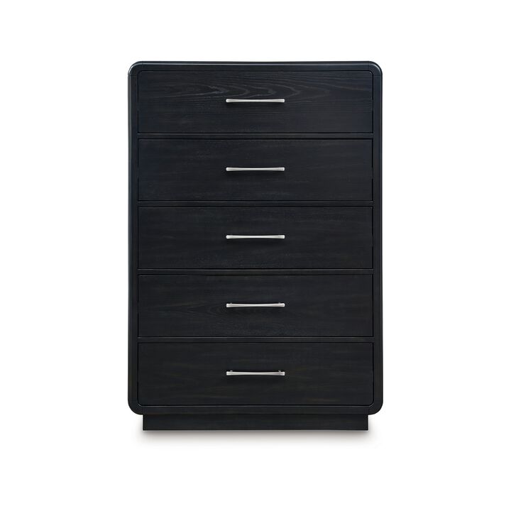 Robeck Tall Dresser Chest, 5 Drawer, Black 57 Inch, Silver Metal Handles - Benzara