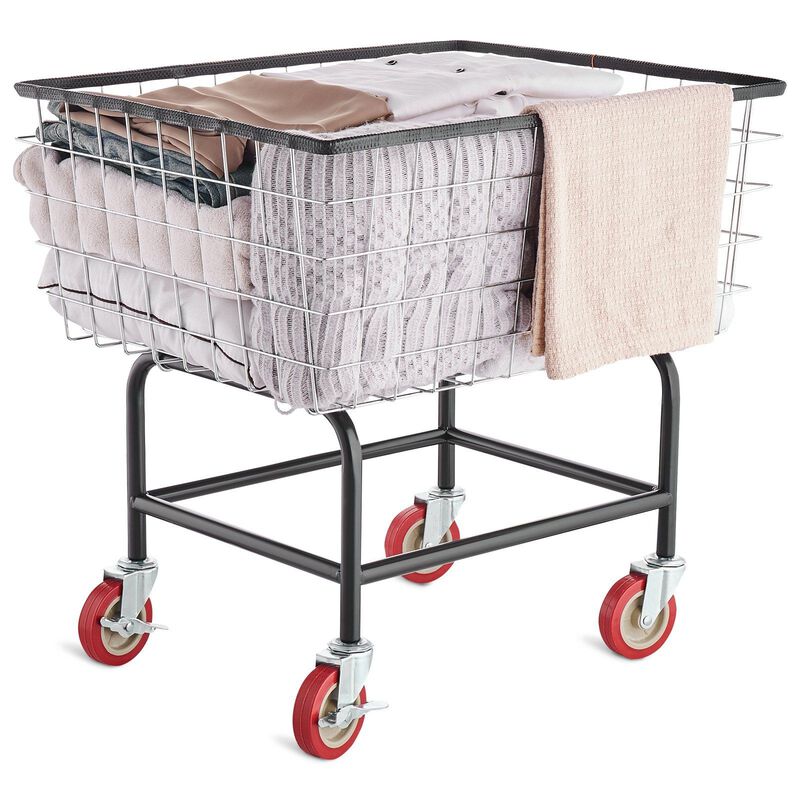Commercial Wire Laundry Basket Cart with Casters, 2.8 Bushel Steel Frame-Silver image number 5
