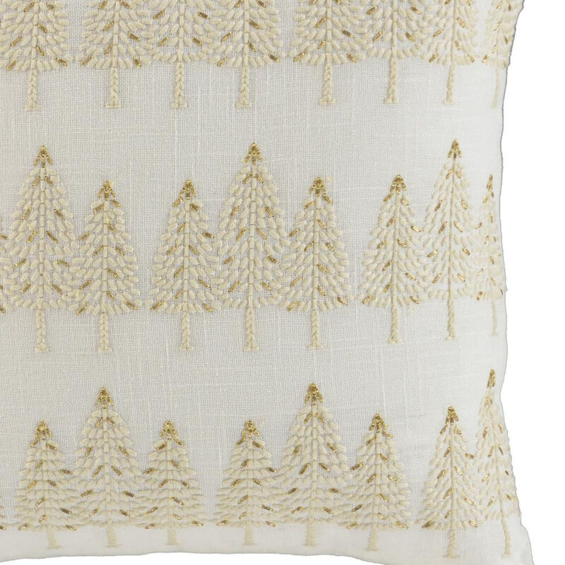 HomeRoots 18" Ivory And Gold Cotton Christmas Trees Throw Pillow With Embroidery image number 2