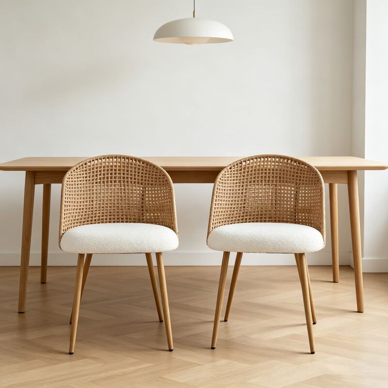 2 Pack Rattan Dining Chairs PE Rattan Woven Back Dining Chair with Teddy Upholstered Cushion Metal Legs Kitchen Dining Chairs image number 1