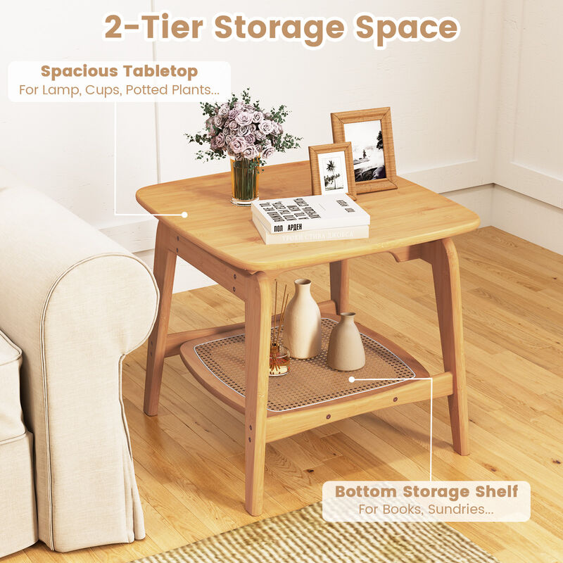 Boho Wicker Sofa Side Table with Faux Rattan Storage Shelf