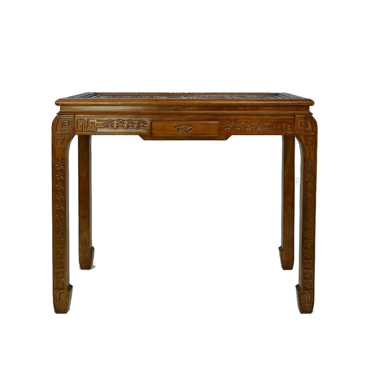 Mai 36 Inch Classic Wood Console Table, 1 Drawer, Floral Carving, Brown-Benzara