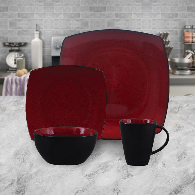 Gibson Soho Lounge 16 Piece Square Stoneware Dinnerware Set in Red and Black