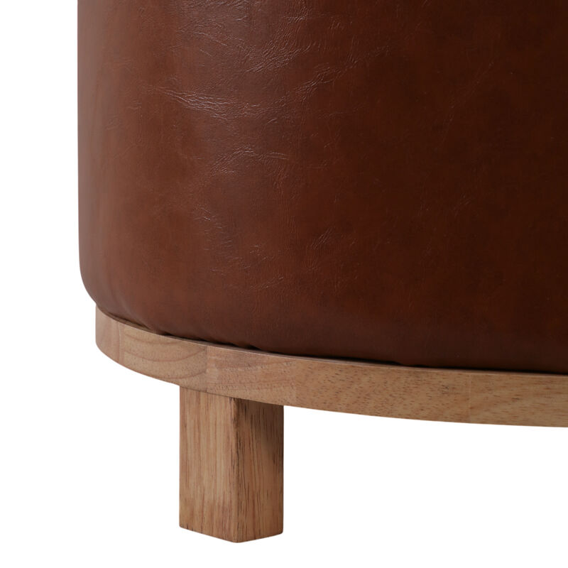 18x18" Faux Leather Ottoman With Wood Base, Brown image number 4