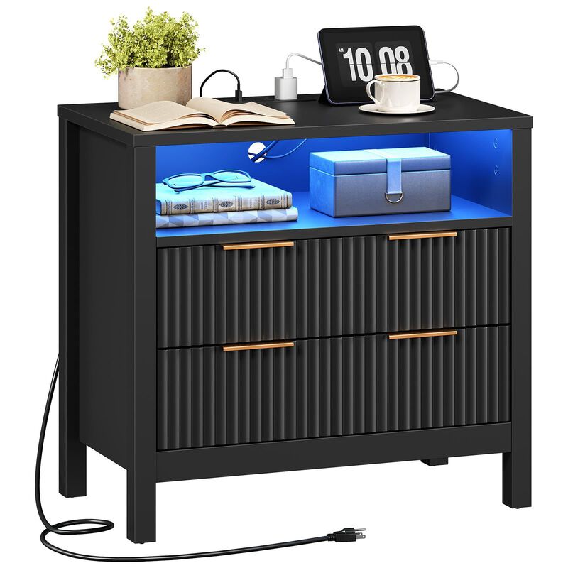 Modern Wooden Nightstand with LED Lights, Charging Station and Storage Space image number 3