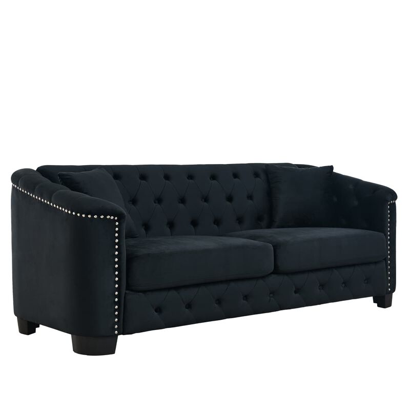 77 Inch Velvet Chesterfield Sofa, Button Tufted 3 Seater Sofa with Rolled Arms and Nailhead Trim, Upholstered Sofa with 2 Pillows image number 5