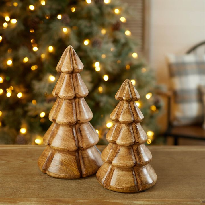 Modern Carved Wood Pine Tree Set of 2 for Festive Accent or Tabletop Decor