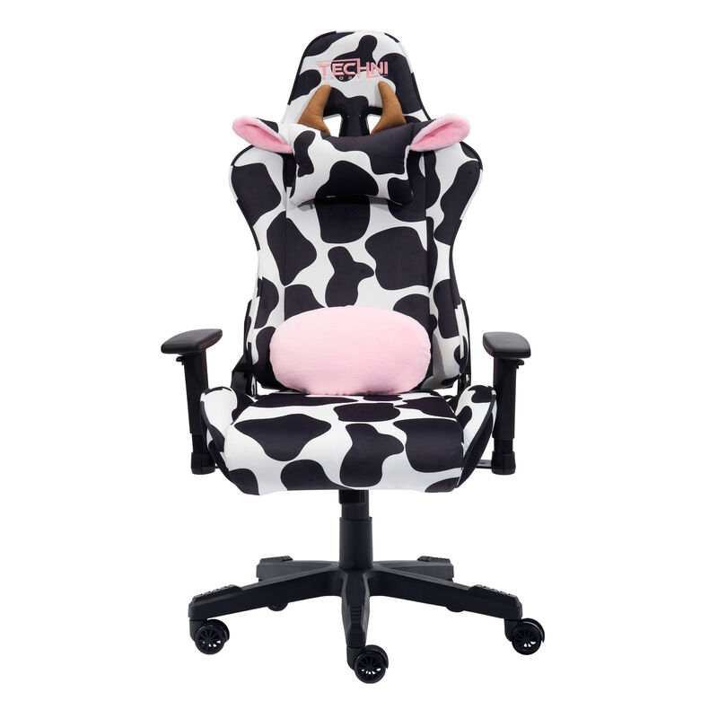 HomeRoots Black White And Pink Cow Print Adjustable Height Swivel Rolling Gaming Chair image number 0