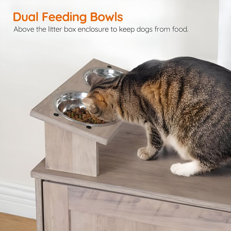Multi-Level Cat Tree with Dual Litter Box Storage and Play Platforms-Greige image number 3