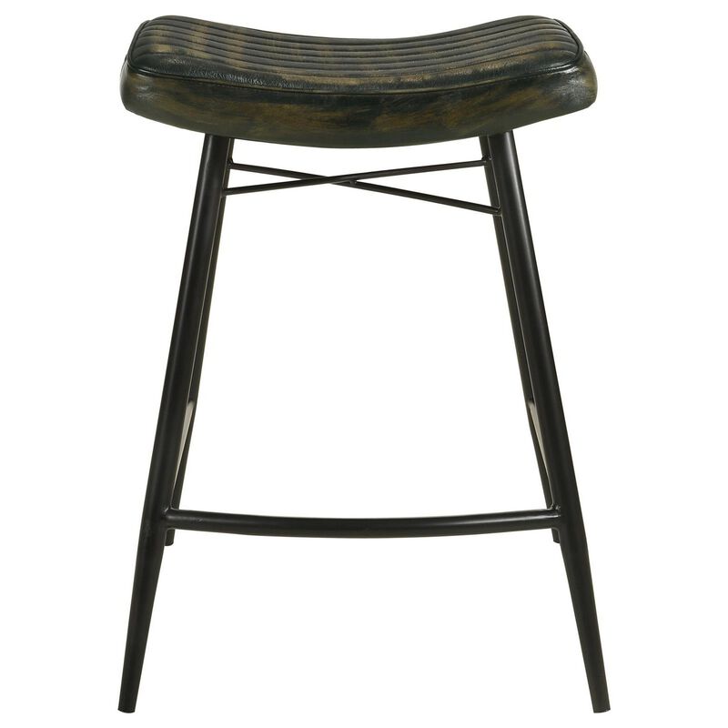 Vini 25 Inch Counter Stool Set of 2, Curved Leather Seat, Tufted Black image number 2