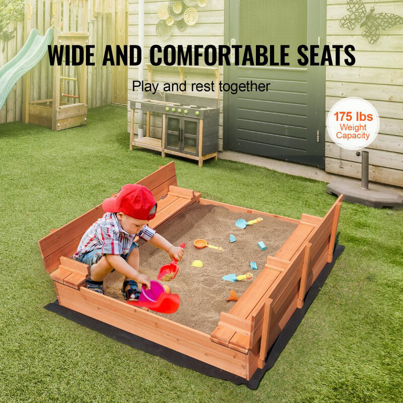 Wooden Outdoor Sandbox with Foldable Benches, Sand Pit with Bottom Liner for Boys and Girls-Natural image number 6