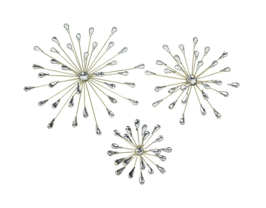 Set of 3 Gold Tone Teardrop Starburst Rhinestone Jeweled Metal Wall Art Hangings