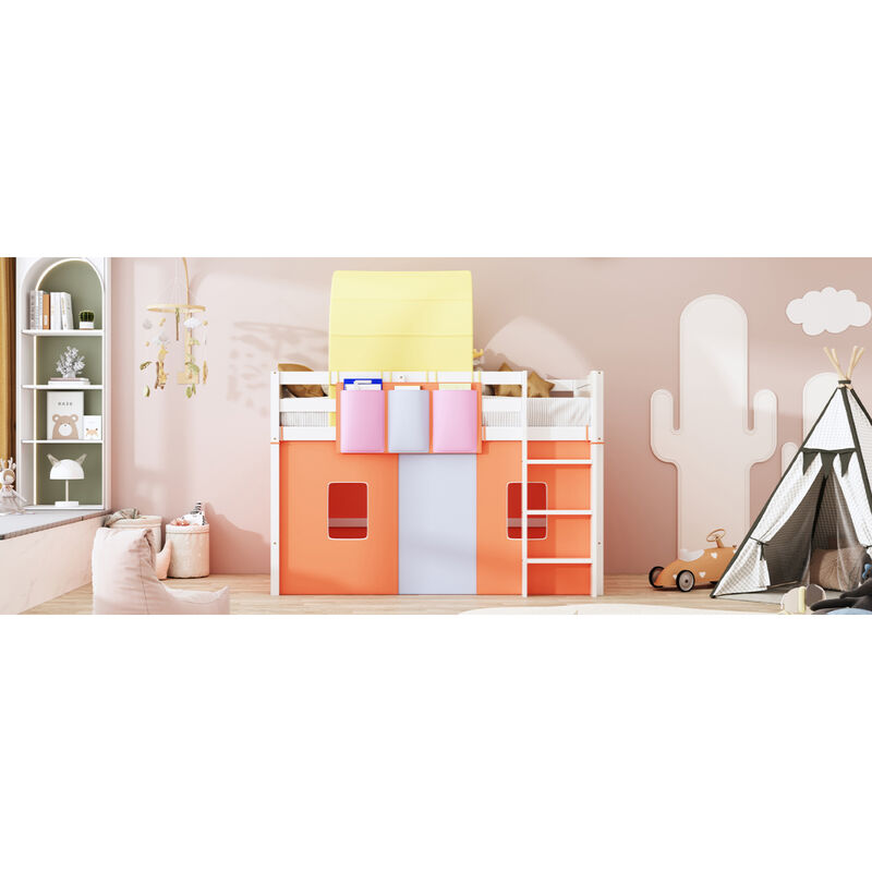Twin Size Loft Bed with Tent and Tower and Three Pockets Orange